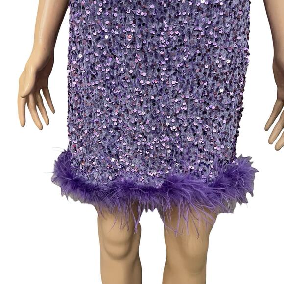 Fashion Nova Christy Sequin Tshirt Dress 1X Velvet Feather Hem Purple Mini - Picture 2 of 9